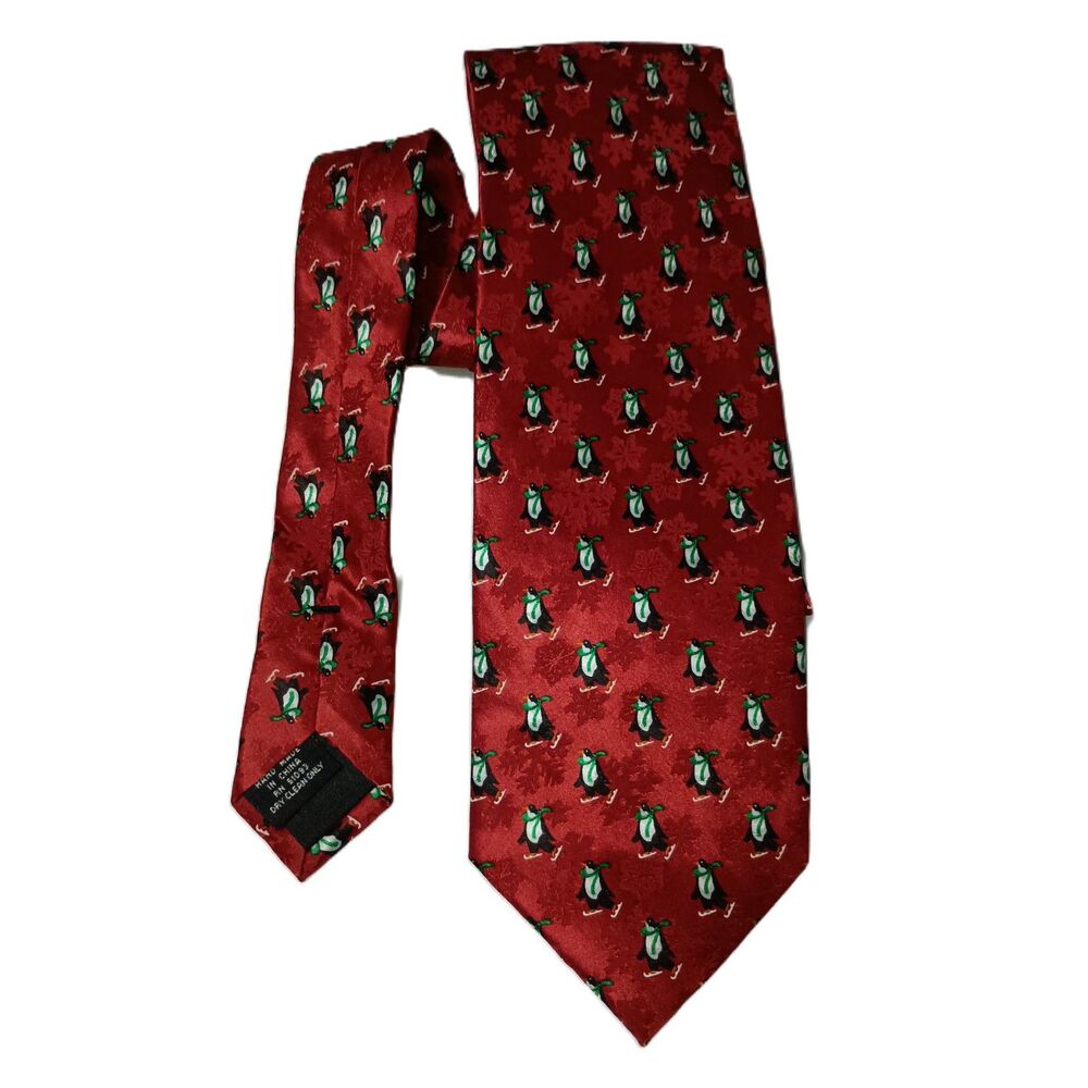 Red Silk Tie with Penguin Pattern